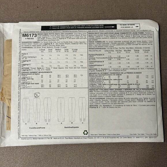 McCalls 6173 Leggings EASY Sewing Pattern Stretch Pants Pattern Size XS-M - Picture 3 of 3
